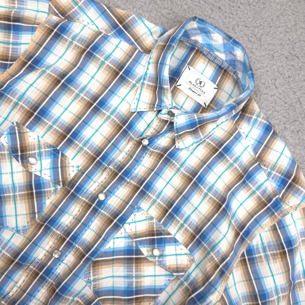 Bugatchi Plaid Western Shirt Short Sleeve Casual Button Up Pearl Snaps Menswear